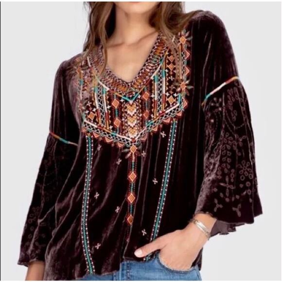 Johnny Was Tops - Johnny Was Women’s M Chocolate Velvet Silk Embroidered 3/4 Bell Sleeve Top NWT